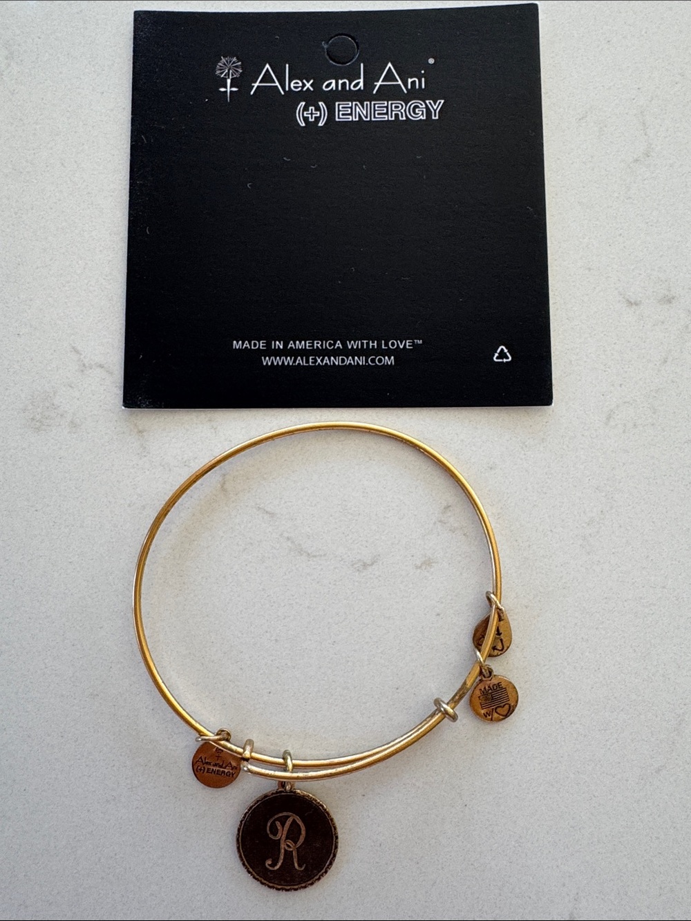 Alex and Ani Gold Initial R Charm Bangle with Accent Discs